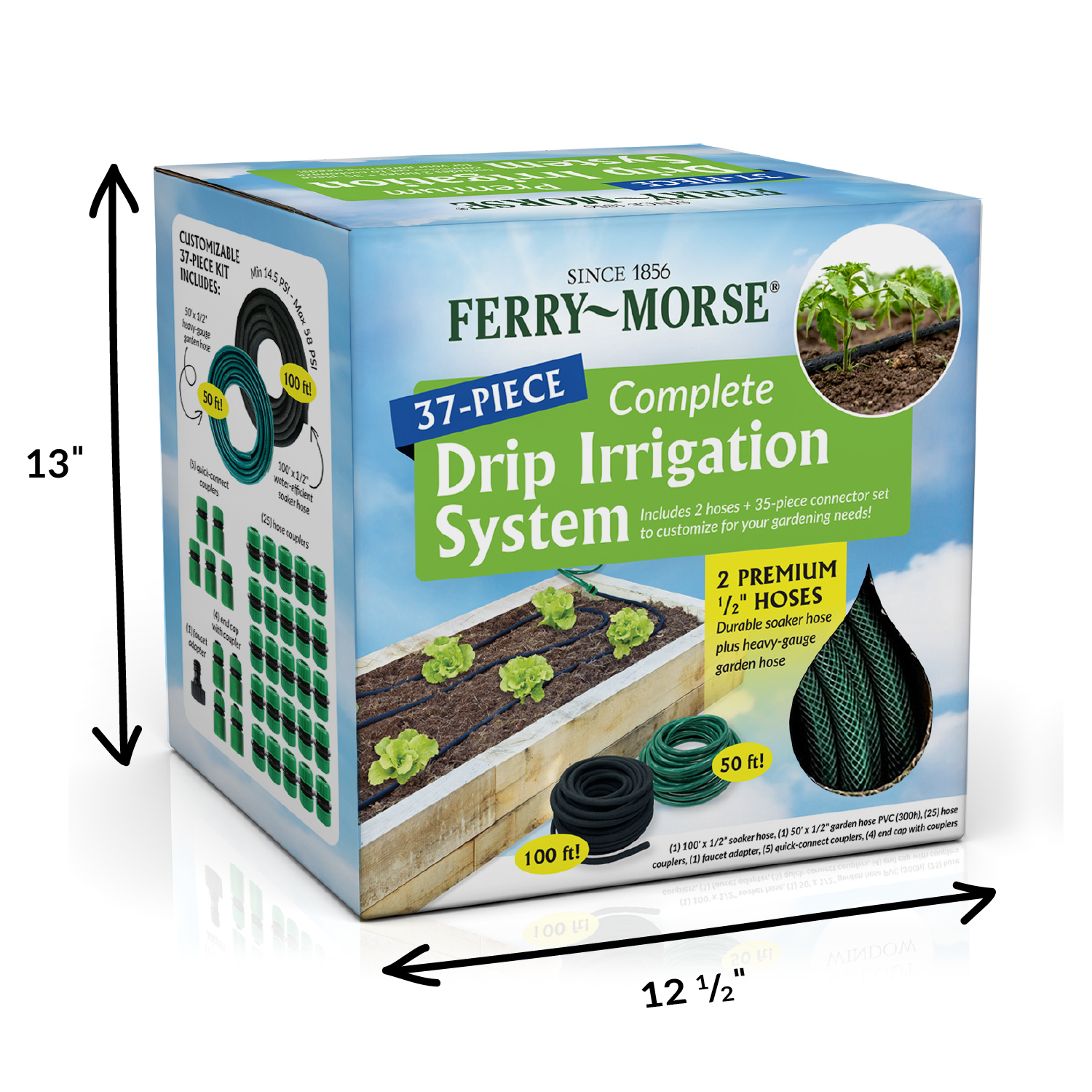 Packaging for Ferry-Morse Drip Hose & Irrigation System Kit featuring the product components and an image of a garden being watered.